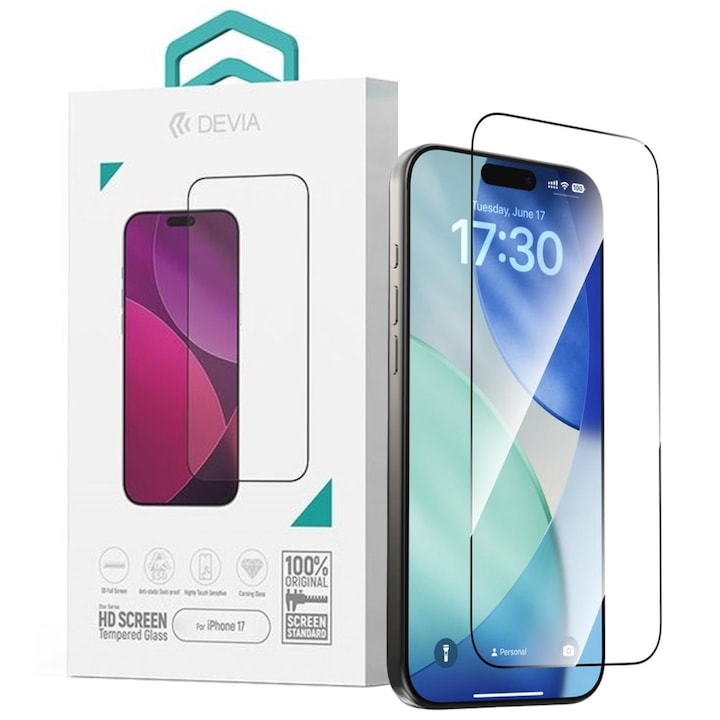 Devia Star Series Teljes képernyős HD üvegfólia, iPhone 17 kompatibilis, Fekete