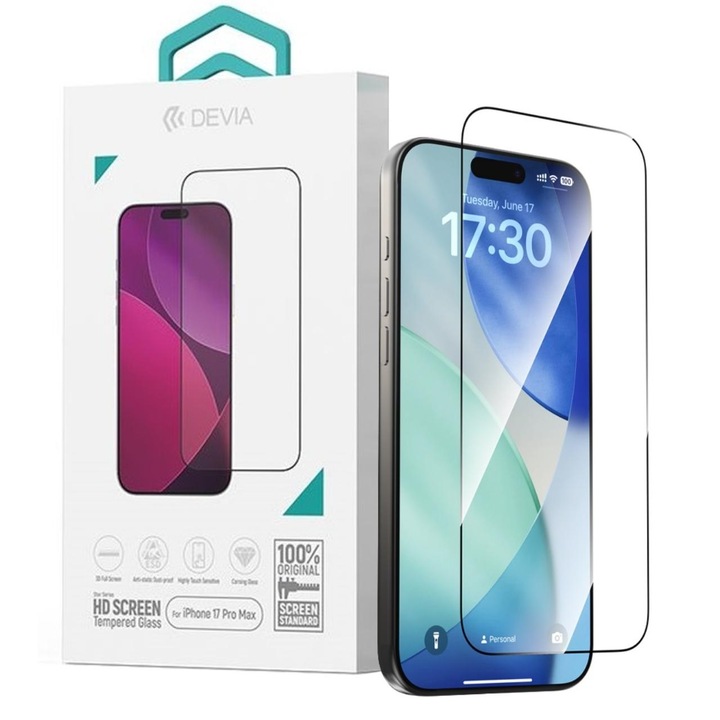 Devia Üvegfólia Star sorozat Teljes képernyős HD kompatibilis iPhone 17 Pro Max Fekete