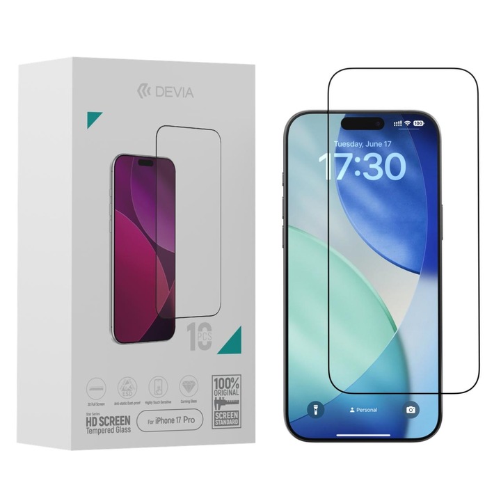 Devia Star Series Full Screen HD Üvegfólia, kompatibilis iPhone 17 Pro készülékkel, Fekete, 10 db-os csomag