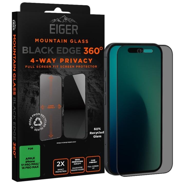 Folie Eiger Sticla Privacy Mountain Edge 360 GRS compatibila cu iPhone 17 Pro Max / 16 Pro Max Black