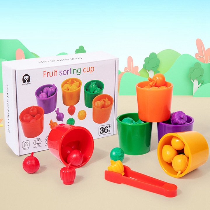 Jucărie interactivă Kidsbele, cană de sortare a culorilor fructelor, plastic, pentru fete, 3 ani