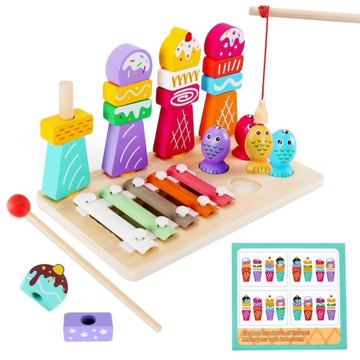Jucărie interactivă din lemn Kidsbele, set 3 în 1, pescuit magnetic, xilofon muzical, multicolor, recomandată pentru 3 ani