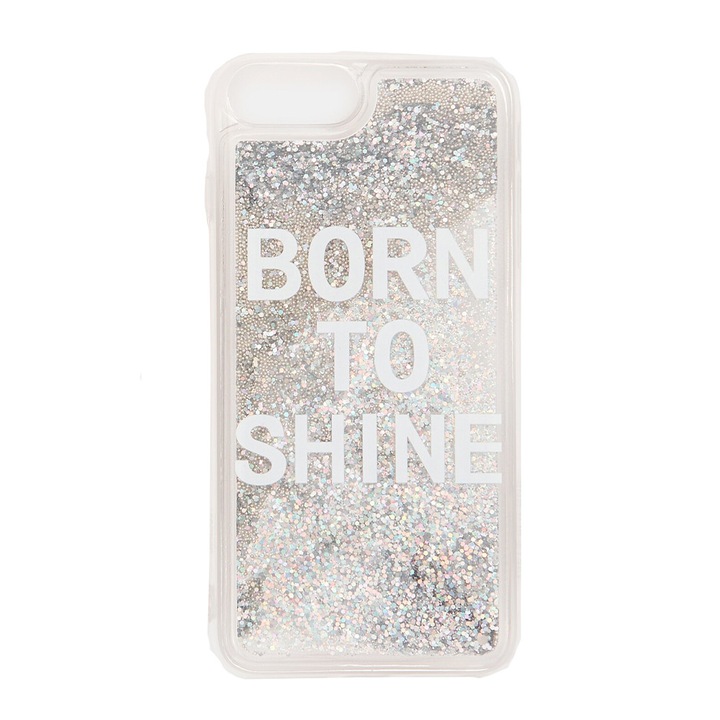 Telefontok Sinsay *3608221 16121-17, iPhone 6+/7+/8+, "Born To Shine" felirat, TPU, Csillogó pelyhek, Ezüst