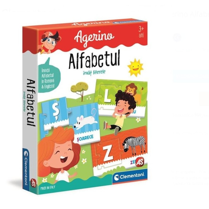 Joc educativ Clementoni Agerino, "Alfabetul", 30 cartonase, 30 piese puzzle, multicolor, 22, 7x5x29, 2cm