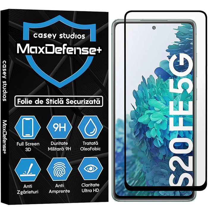 CASEY STUDIOS™ üvegfólia Samsung Galaxy S20 FE 2022-vel kompatibilis, Full Cover 3D, Full Glue, Katonai keménység, Ultra HD, Ujjlenyomatmentes, Ütésálló, Fekete élek, Karcálló