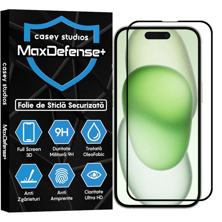 Fólia üveg iPhone 15 CASEY STUDIOS™ kompatibilis, teljes képernyős 9H + ajándék telepítő készlet, teljes fedés 3D, teljes ragasztó, edzett üveg, ütésálló, karcálló, fekete élek