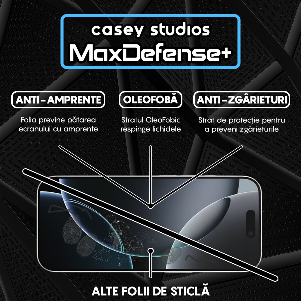 Folie Sticla CASEY STUDIOS™ compatibila cu iPhone 16 Pro, MaxDefense+ Matte, Full Cover 3D, Full Glue, Sticla Securizata, Duritate Militara, Ultra HD, Protectie Profesionala Ecran 3D, Anti Socuri, Anti Zgarieturi