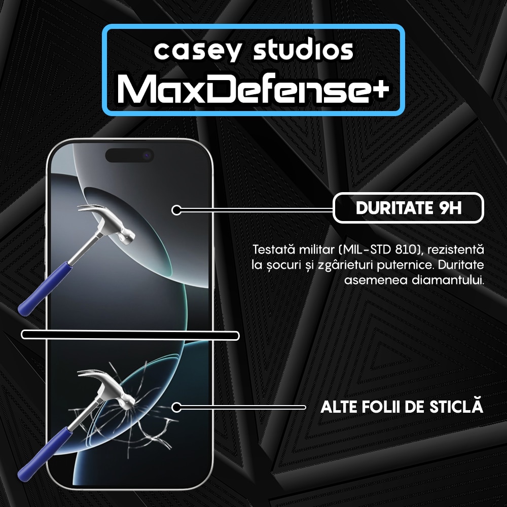 Folie Sticla CASEY STUDIOS™ compatibila cu iPhone 16 Pro, MaxDefense+ Matte, Full Cover 3D, Full Glue, Sticla Securizata, Duritate Militara, Ultra HD, Protectie Profesionala Ecran 3D, Anti Socuri, Anti Zgarieturi