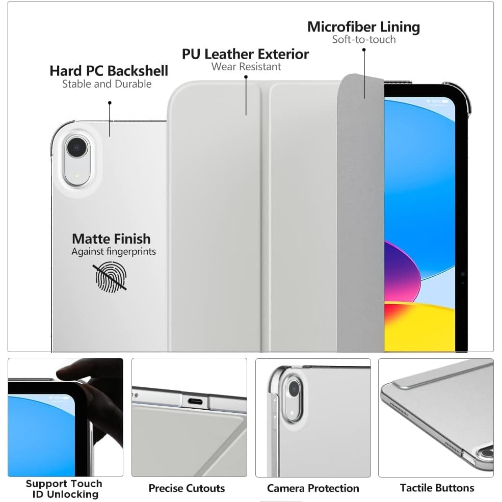 Husa DUOCUOLA pentru iPad generatia 11 11 inch 2025, iPad generatia 10 10.9 inch 2022, husa protectoare subtire cu suport, spate transparent din PC rigid, compatibila cu Touch ID, argintiu