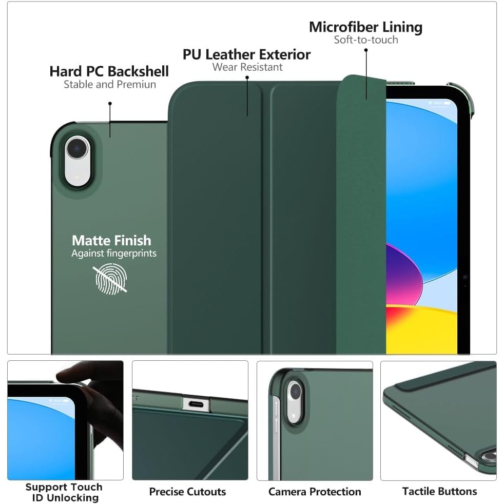 Husa DUOCUOLA pentru iPad generatia 11 11 inch 2025, iPad generatia 10 10.9 inch 2022, husa protectoare subtire cu suport, spate transparent din PC rigid, compatibila cu Touch ID, Verde intunecat