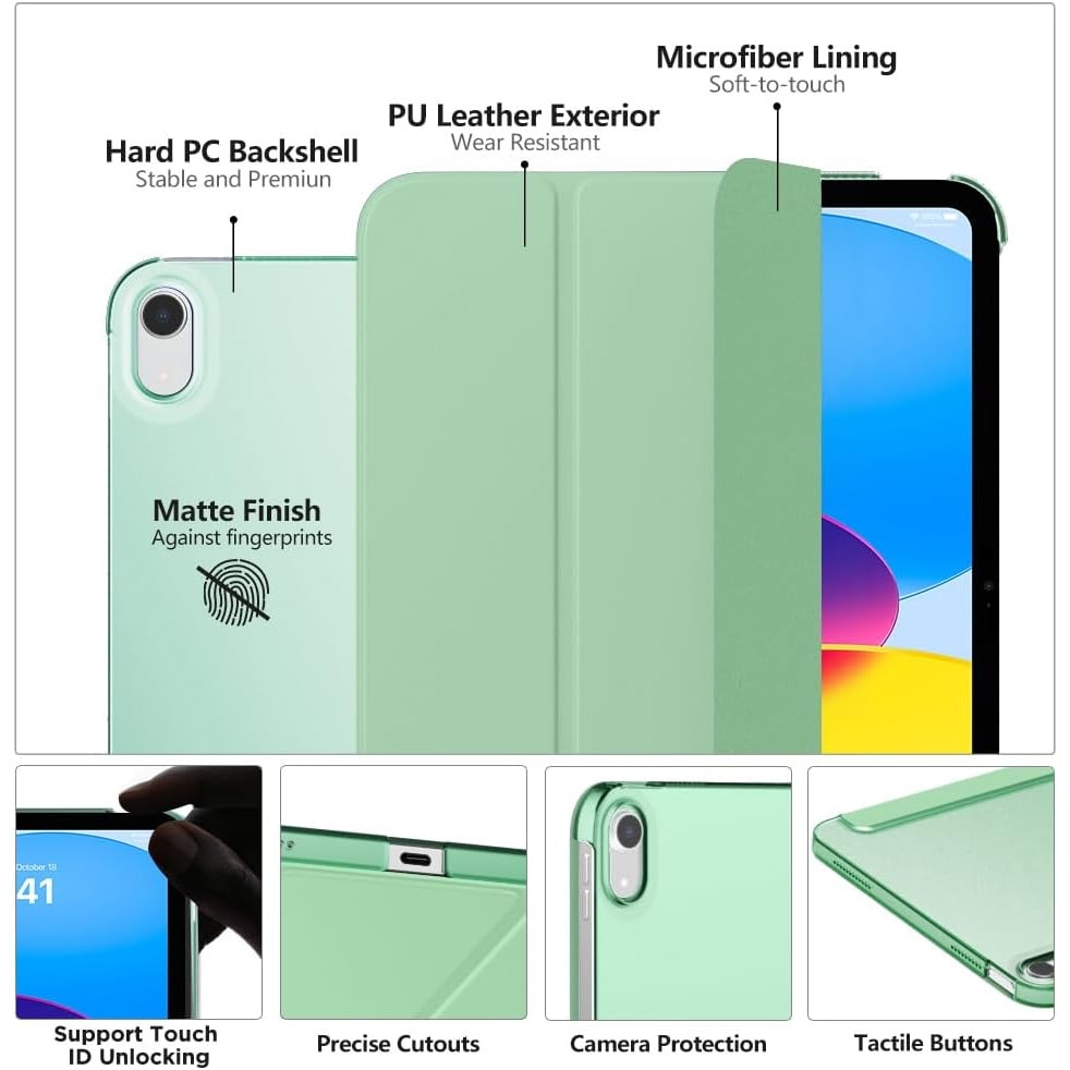 Husa DUOCUOLA pentru iPad generatia 11 11 inch 2025, iPad generatia 10 10.9 inch 2022, husa protectoare subtire cu suport, spate transparent din PC rigid, compatibila cu Touch ID, verde