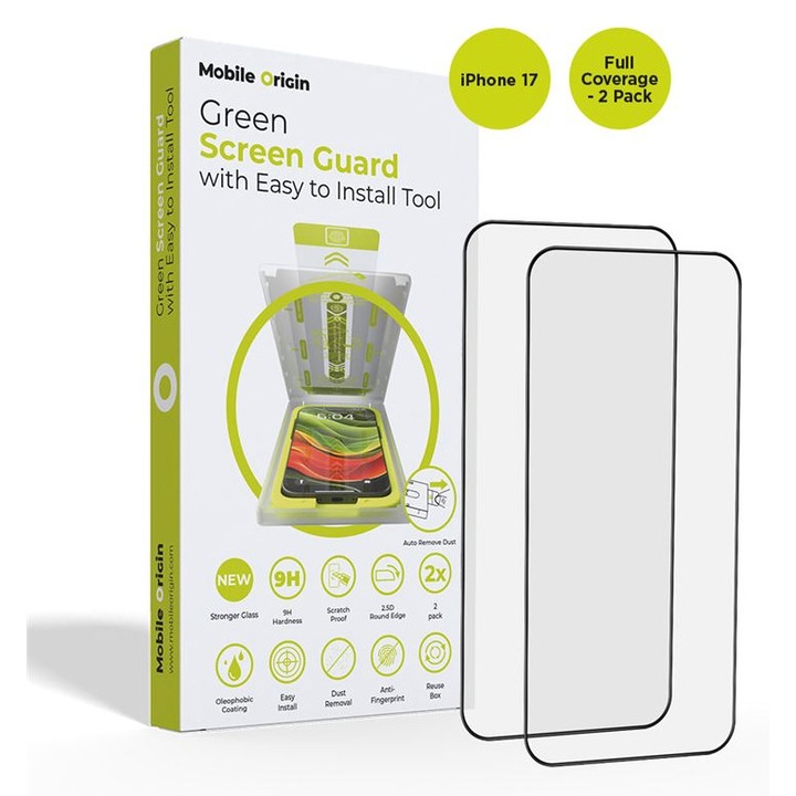 Mobile Origin Screen Guard 2 darabos védőfólia szett, Teljes lefedettség, Tisztító készlet mellékelve, iPhone 17-tel kompatibilis, Átlátszó