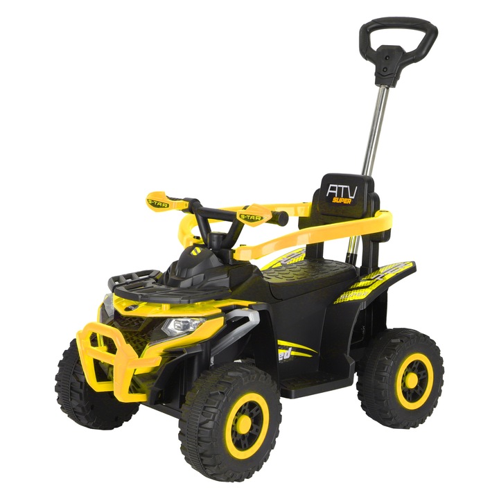 ATV electric cu maner 4 in 1, Kinderauto BJEJ916 35W 6V, telecomanda, roti moi, scaun tapitat, galben