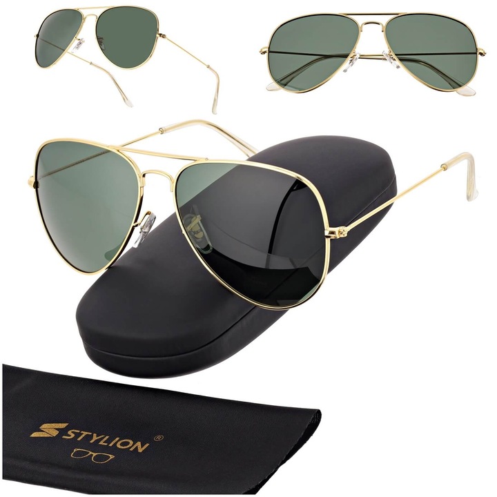 Stylion unisex pilóta napszemüveg, polarizált, arany/zöld, UV400, szettben tokkal és törlőkendővel
