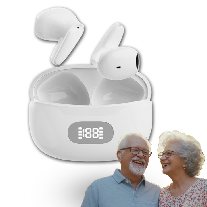 Aparat auditiv in-ear, Suness, amplificare 120dB, 0.12oz, 22h autonomie, 98% reducere zgomot, Cinci niveluri de volum, trei moduri de ascultare, purtare confortabila si anti-urlet, pentru adulti si varstnici, Alb