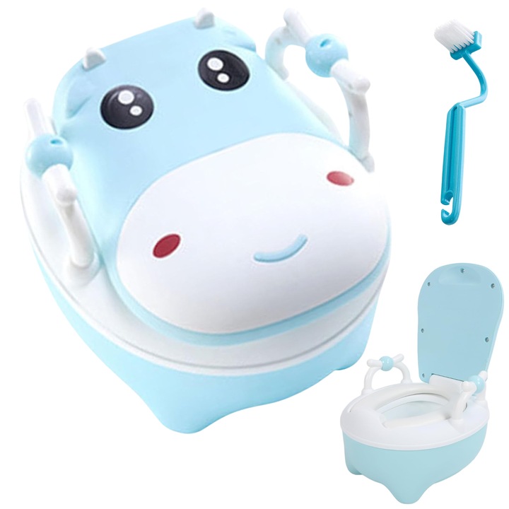 Гърне за деца Infiniteea™, Мултифункционално, 6+Месеца, Образователно, Ергономично, Преносимо, Мек капак, Подвижен съд, Неплъзгаща се повърхност, Забавен дизайн с облегалка, Модел Кравичка, Синьо