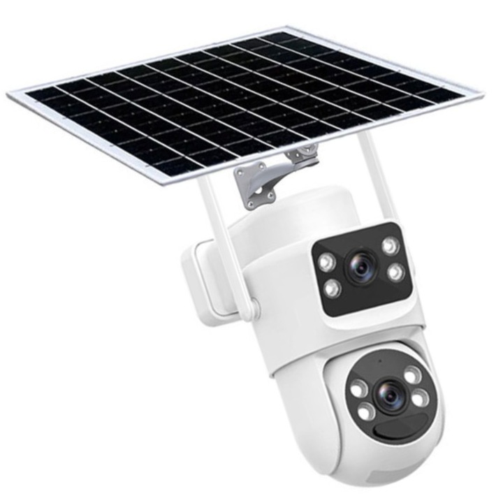 Camera de supraveghere 2in1 cu panou solar, conexiune SIM 4G,6MP ULTRA HD, acumulator de 8000 mAh, Rotire automata, urmarire inteligenta, Night Vision color, Slot Card Pentru MicroSD, Vedere dubla, in aer liber, Alb