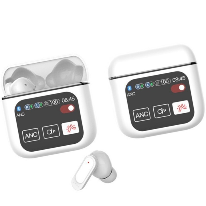 Vezeték nélküli fülhallgató, 1,9” LED érintőképernyő, Hi-Res Audio Panorámás 9D, alacsony késleltetés, közvetlen vezérlés a töltődokkolóról, kompatibilis iOS és Android rendszerekkel, zenehallgatáshoz, fehér, kiváló minőségű