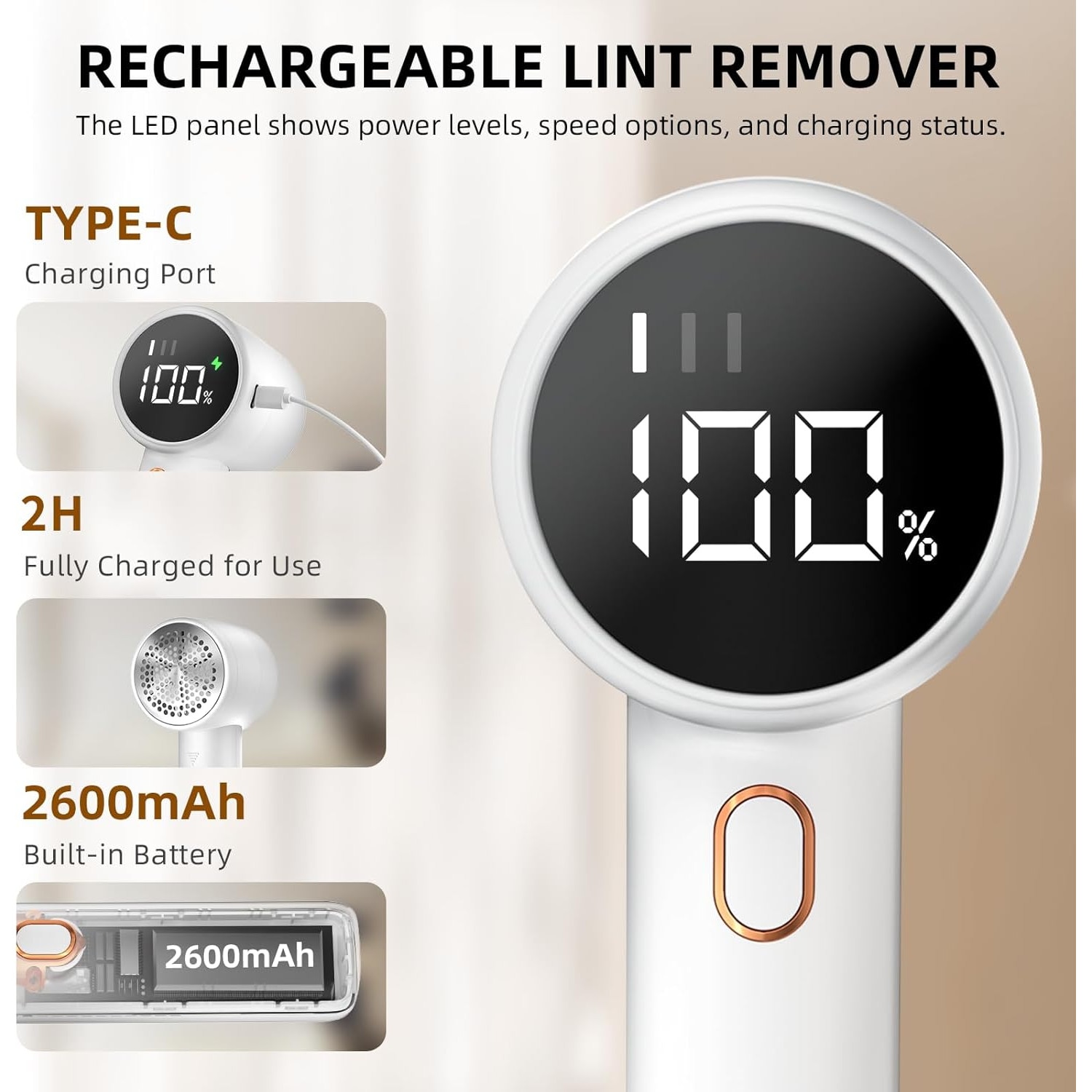Aparat de Scame Oricean®, 8900 RPM, 3 viteze, cablu de incarcare Type-C inclus, perie de curatare, lama de rezerva, alb