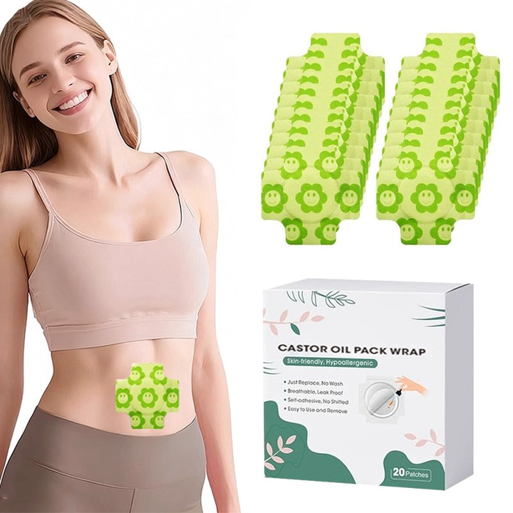 20 plasturi cu ulei de ricin, bumbac organic, anti-scurgere, 10x10 cm