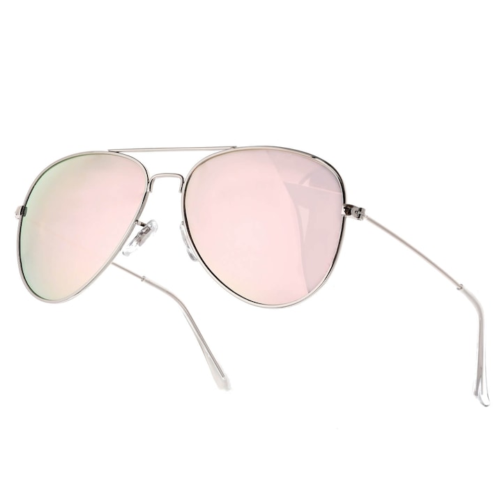 Stylion unisex polarizált pilóta napszemüveg, ezüst, rózsaszín lencsékkel, tokkal és törlőkendővel szett