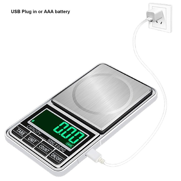Cantar bucatarie digital, ecran LED, multiple unitati de masura, capacitate 600g/0.01g, usb plug in, argintiu, portabil, pentru alimente si bijuterii, balanta alimentara