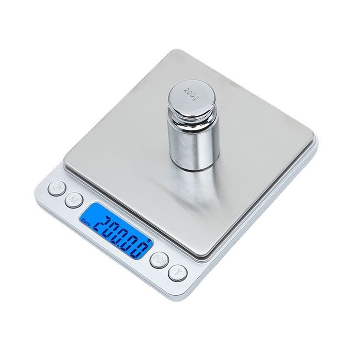 Cantar bucatarie digital, ecran LED, multiple unitati de masura, capacitate 500g/0.01g, alimentare USB, argintiu, portabil, pentru alimente si bijuterii, balanta alimentara