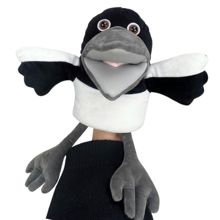 Marioneta de mana, LEIBOO®, tip papusa de plus pentru copii, Jocuri de rol, Model Pasare Maggie, Alb - Negru