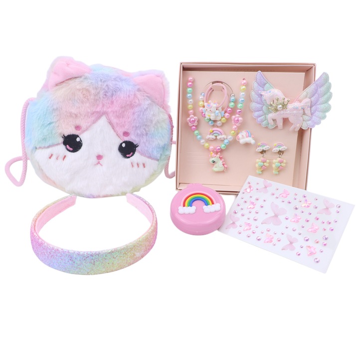 Set Accesorii Copii 12 Piese, Set Bijuterii cu Gentuta: Colier, Cercei, Bratari, Inele, Ac de Par, Bentita, Pieptan, Autocolante cu Strass, Cadouri de Craciun, hallowen, ziua de nastere, Roz