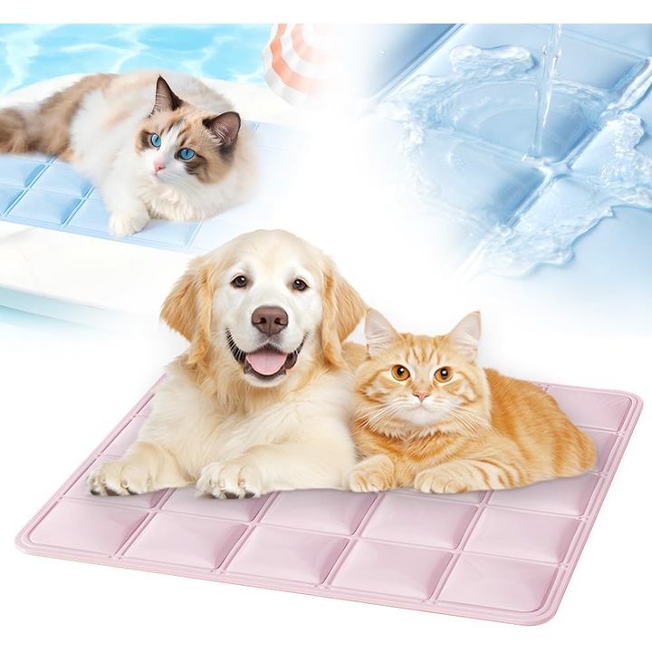 Saltea racoritoare pentru animale, dublu strat, design impermeabil, 4H racire rapida, dimensiune medie, Roz