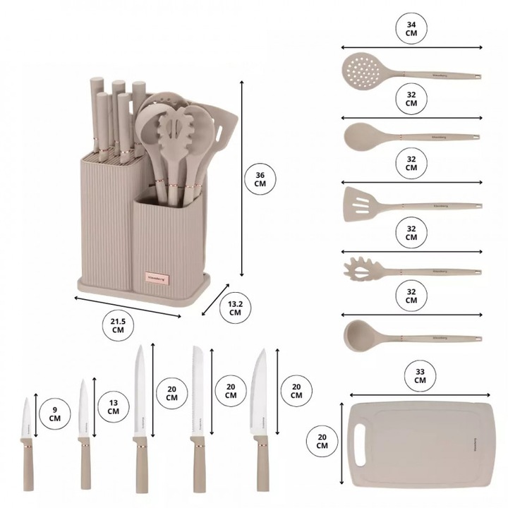 Set cutite si ustensile Klausberg KB 7935, Tocator si suport, 12 piese, Bej