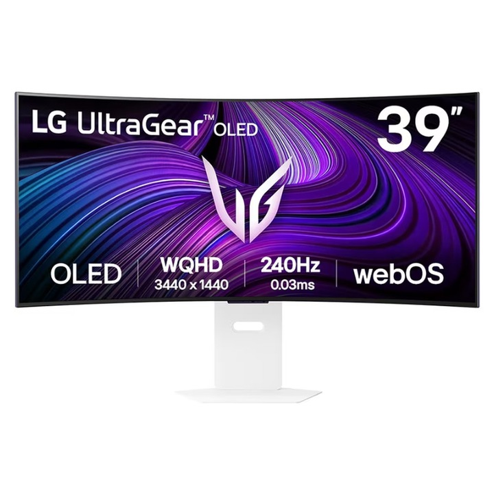 Монитор LG 39GX90SA-W, 39", OLED UltraGear 21:9 Curved Smart, IPS 0.03 ms, WQHD (3440x1440), 240Hz, HDR 10, 1500000:1, 250 cd/m2, DCI-P3 98.5%, USB 3.0, VRR, Free-sync, G-Sync, USB-C, PD 65W, HDMI, DP, PBP, Speakers, LG Switch, Height, Swivel, 39GX90SA-W