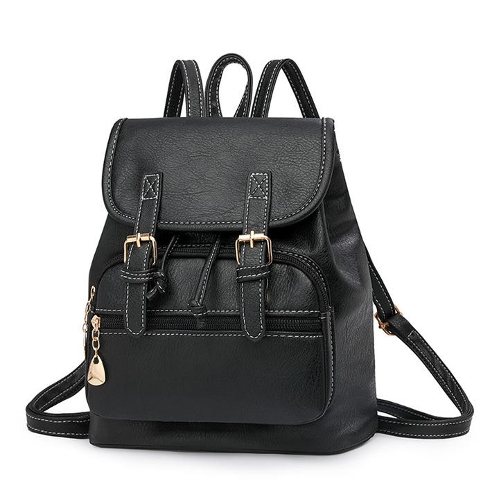 Rucsac de dama, BOMSTOM, Piele naturala, Incapator, Versatil, Curena Reglabila, 23 x 14 x 27 cm, Negru