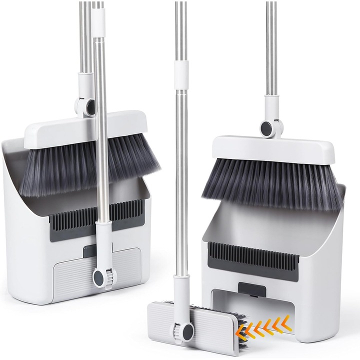 Set Matura si Faras 3 in 1, Bedee®, 14.2'-48.8', Depozitare convenabila, pentru praf, cu Dinti de Pieptene pentru Curatare, rotativ, pliabil, Economisiti spatiu, Pentru maturat in interior si matura impinsa, Alb