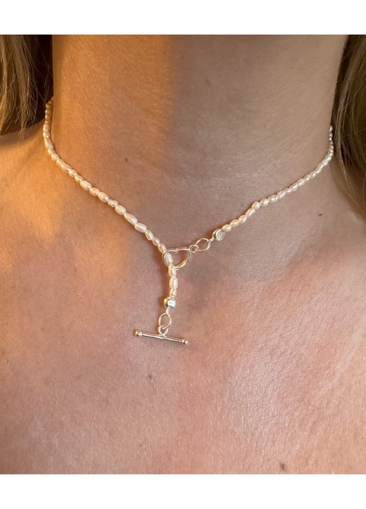 Colier perle bob orez, "Georgiana", alb, argint