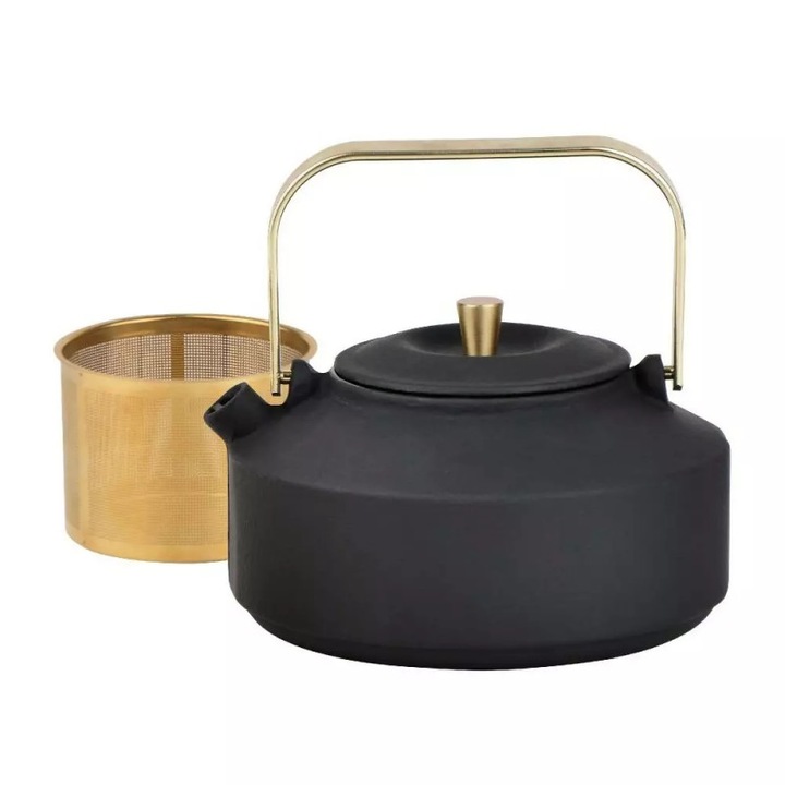 Чайник с инфузер Kinghoff KH 1935, 1 л, Профилиран чучур, Чугун, Емайлирана вътрещност, Черен