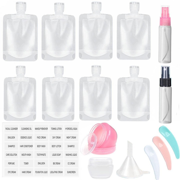 Set 17 recipiente cosmetice de calatorie Axroad Mall, etanse, reutilizabile, transparent, 100-110g