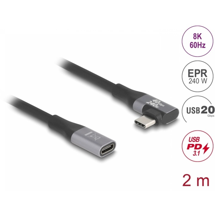 USB удължителен кабел 20 Gbps/4K60Hz PD 3.1 разширен диапазон на мощност 240W прав/ъглов 90 градуса 2м, Delock 81148