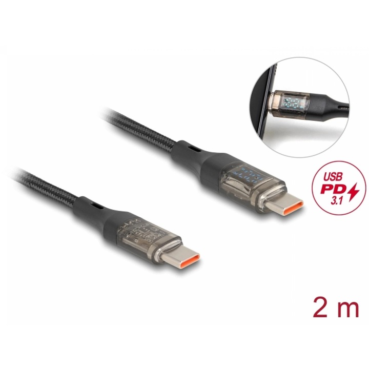 Cablu USB 2.0 type C Fast Charging PD3.0/100W cu afisaj 2m Transparent, Delock 85409