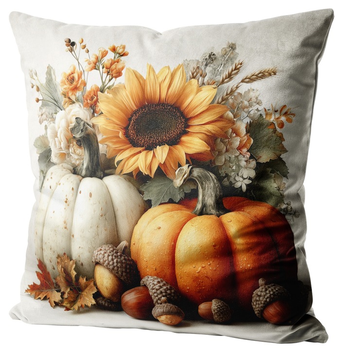 Fata de perna decorativa HomeView, 40x40 cm, velvet, imprimeu de toamna, certificata OEKO-TEX STANDARD 100, model 460