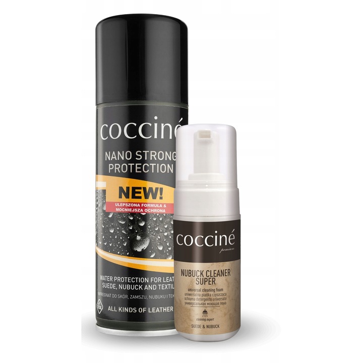 Set, Coccine, Nano Protector Strong, 230 ml, Impregnare pentru incaltaminte, Curatator din nubuc, 100 ml, Spuma de curatare, Protectie impotriva umezelii, Protectie impotriva murdariei, Protectie impotriva sarii, Protectie impotriva prafului, Sigur de uti