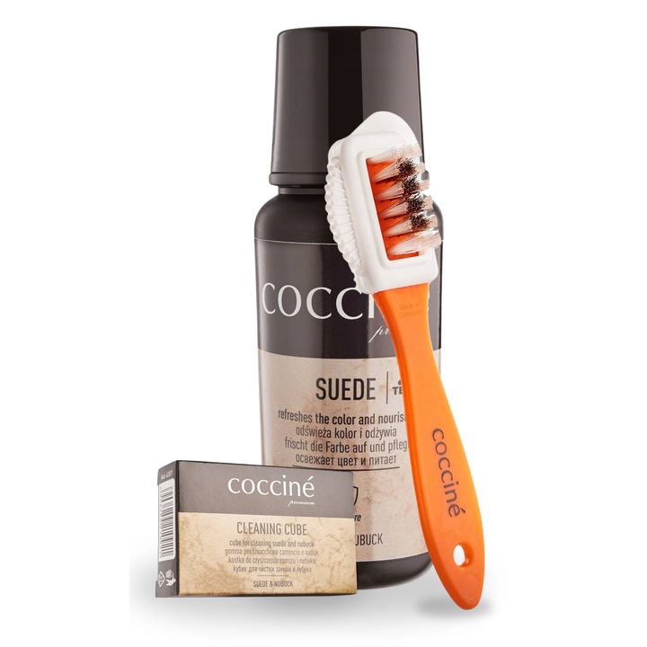 Set de curatare, Coccine, Suede Renovator, 75ml, 3 in 1, incolor, perie pentru piele intoarsa si nubuc 621/6, radiera de curatare, material: plastic, eficienta in indepartarea murdariei, sigura pentru piele intoarsa, forma ergonomica
