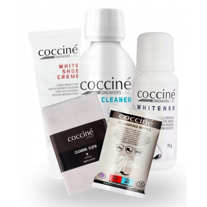 Kit de ingrijire si renovare, Coccine, 5 in 1, Accesorii de curatare, 15 servetele, 75 ml crema pentru incaltaminte, Solutie de curatat talpi, Servetele umede, Laveta din bumbac, Alb, Setul include: corector pentru incaltaminte, solutie de curatat, servet