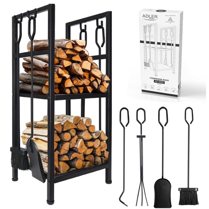 Raft Pentru Lemne De Foc, Adler, Ad 6815, Structura Din Otel, Unelte De Semineu Incluse, Raft Dublu Pentru Lemne, Montaj Rapid, 33.6 x 30 x 76.6 cm, Negru Mat