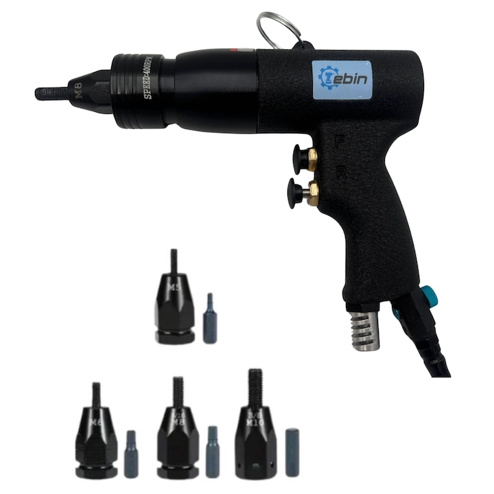 Pistol de nituit pneumatic pentru piulite nituibile cu 4 capuri interschimbabile, M5/M6/M8/M10, 600 rpm