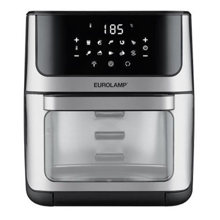 Friteuza cu aer cald Eurolamp 1800W, capacitate 12l, 10 programe, display digital, rotisor, cos de prajit negru