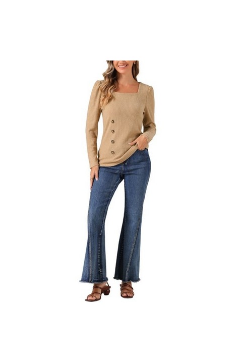 Női hosszú ujjú pulóver, négyzetnyakú, khaki, M méret, Allegra K