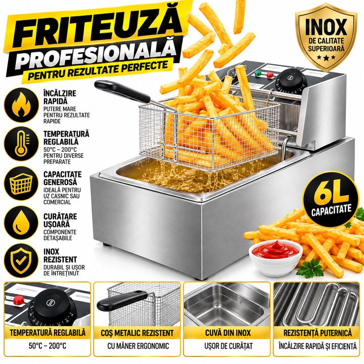 Friteuza Electrica Profesionala din Inox – Putere 2500W, 6L