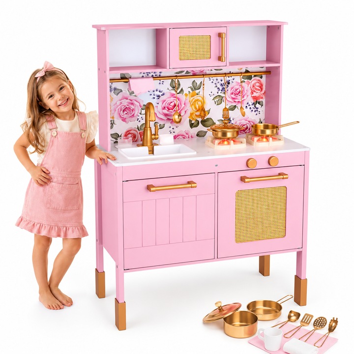 Bucatarie pentru Copii din Lemn Natural FloralDream KinderVibe™, Arzatoare cu Lumini si Sunete, Cuptor cu Microunde, Chiuveta functionala, Accesorii de Gatit Incluse, Inaltime 100 cm, Matte Rose