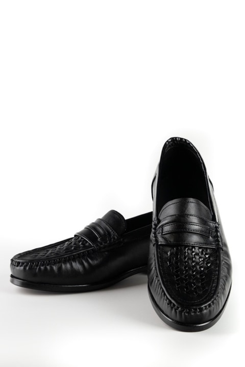 Pantofi din piele stil mocasini cu model impletit, Negru, Negru